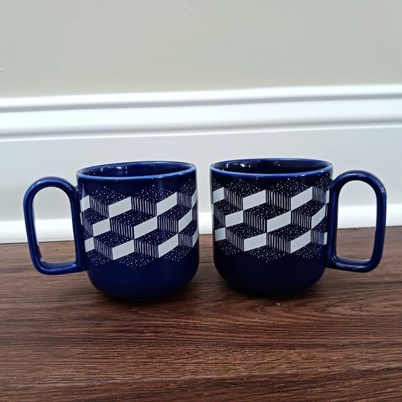 Set of 2 Teavana Starbucks Tea Mug Cups 2016 Blue & White Block Design 8 Oz - Picture 1 of 4